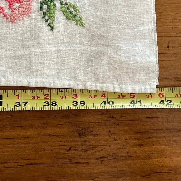 Vintage White Linen Tablecloth with Pink and Green Flowers and Leaves - Picture 7 of 9